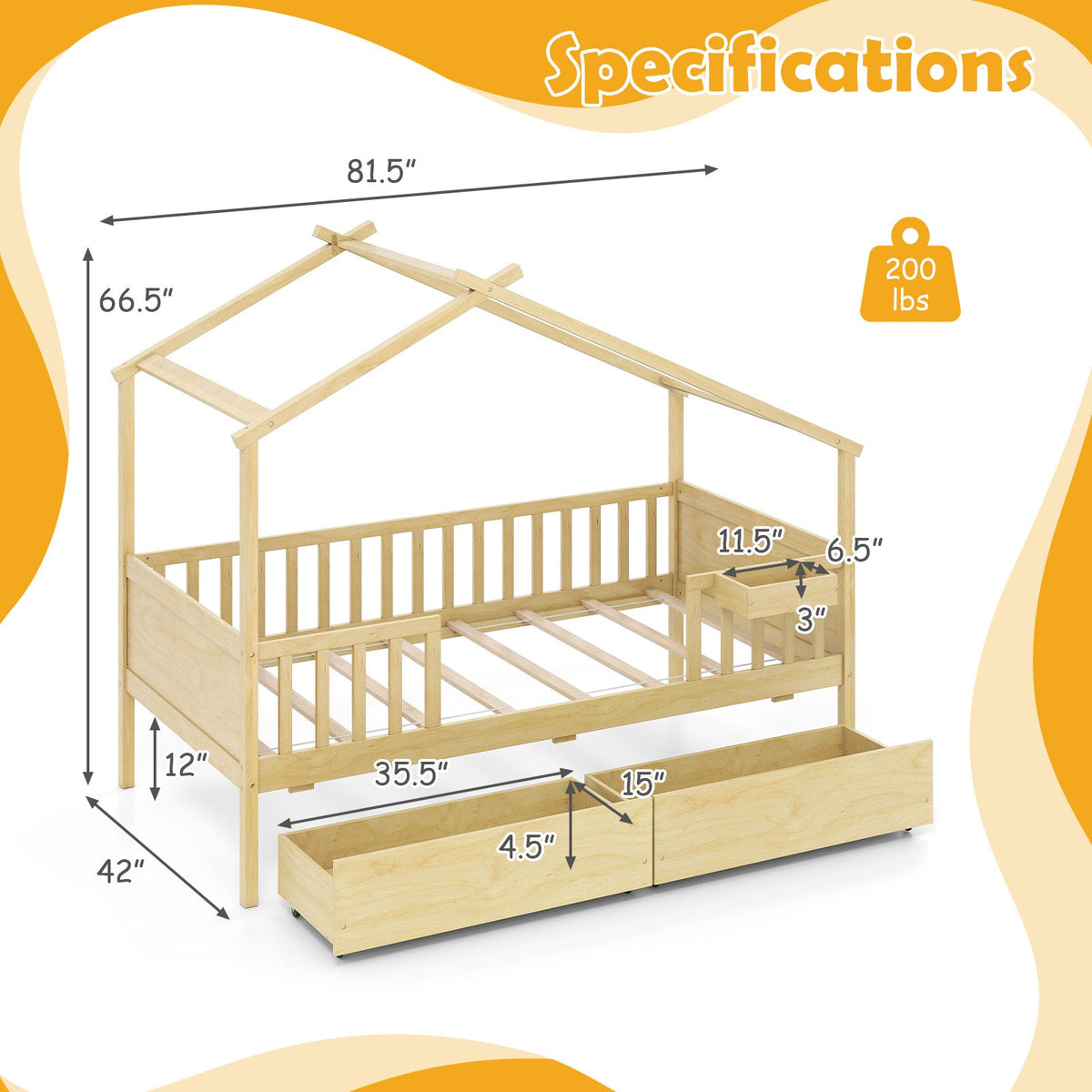 Twin House Bed with 2 Storage Drawers and Roof & Fence Rails-Simple Bed Frame-DECOROLALA