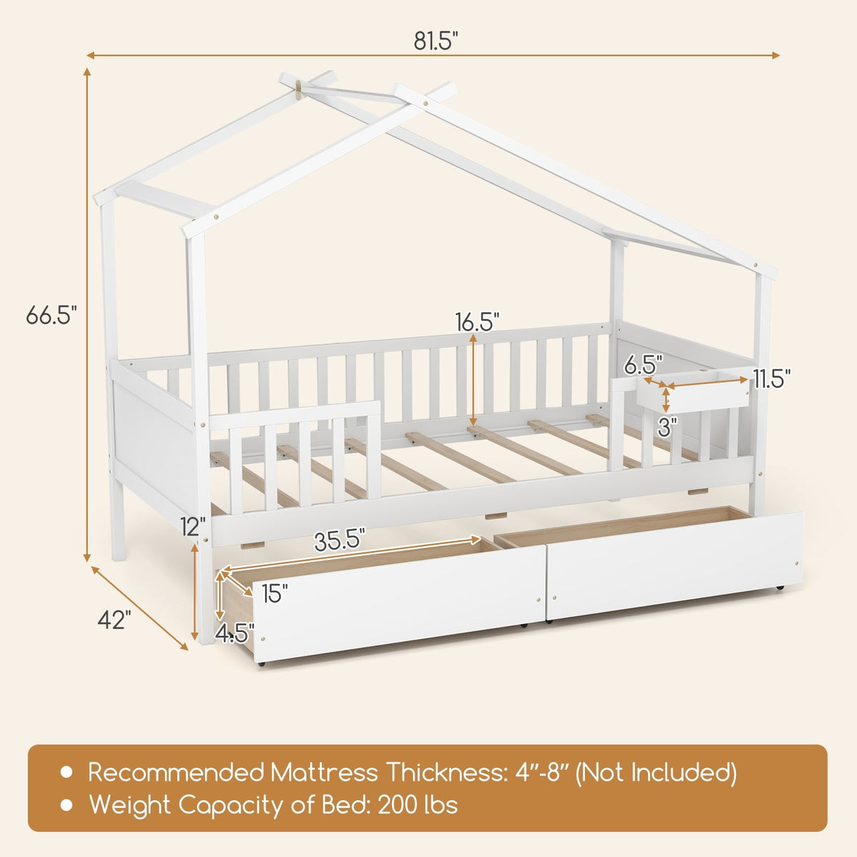 Twin House Bed with 2 Storage Drawers and Roof & Fence Rails-Simple Bed Frame-DECOROLALA