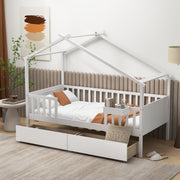 Twin House Bed with 2 Storage Drawers and Roof & Fence Rails-Simple Bed Frame-DECOROLALA