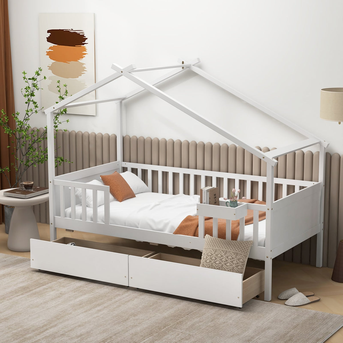 Twin House Bed with 2 Storage Drawers and Roof & Fence Rails-White-Simple Bed Frame-DECOROLALA