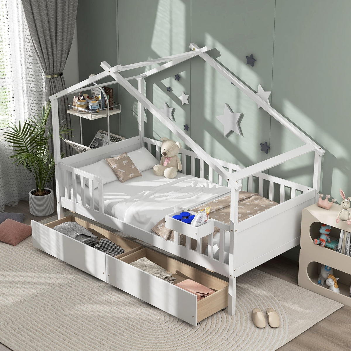 Twin House Bed with 2 Storage Drawers and Roof & Fence Rails-White-Simple Bed Frame-DECOROLALA