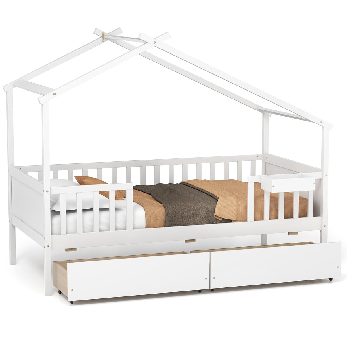 Twin House Bed with 2 Storage Drawers and Roof & Fence Rails-White-Simple Bed Frame-DECOROLALA