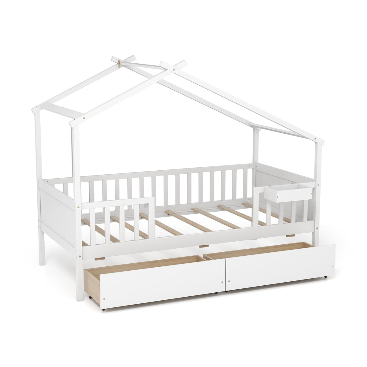 Twin House Bed with 2 Storage Drawers and Roof & Fence Rails-White-Simple Bed Frame-DECOROLALA