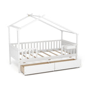 Twin House Bed with 2 Storage Drawers and Roof & Fence Rails-White-Simple Bed Frame-DECOROLALA