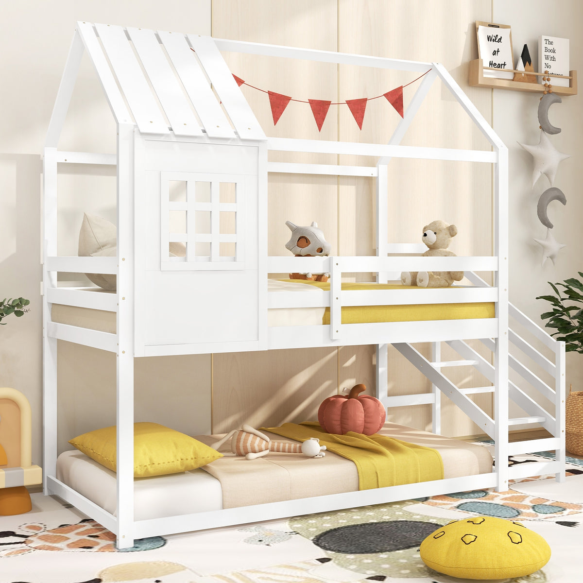 Twin House Bed with Stairs and Roof for Kids-White-Bunk Bed Frame-DECOROLALA