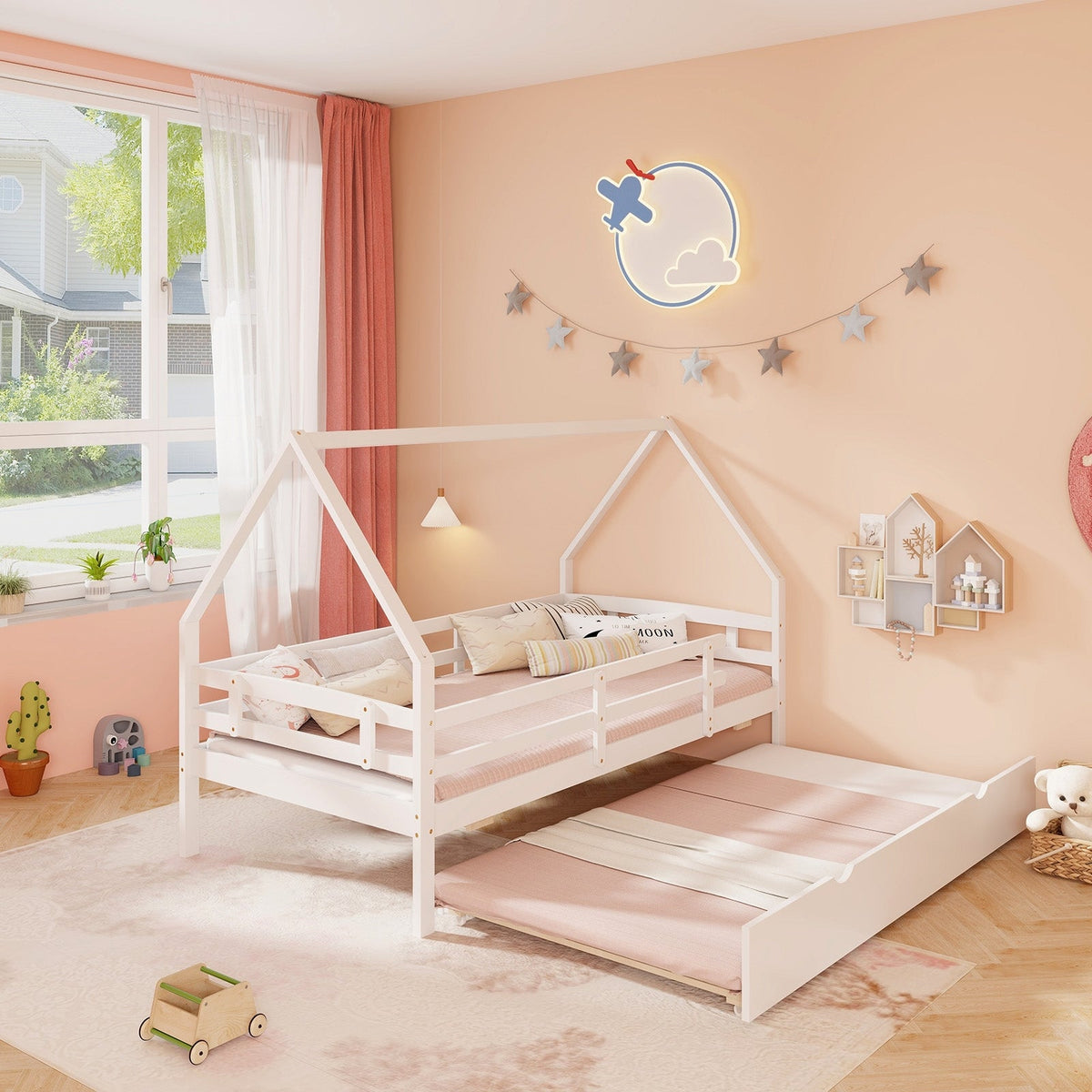 Twin House Bed with Trundle and Fence Rail-Trundle Bed Frame-DECOROLALA