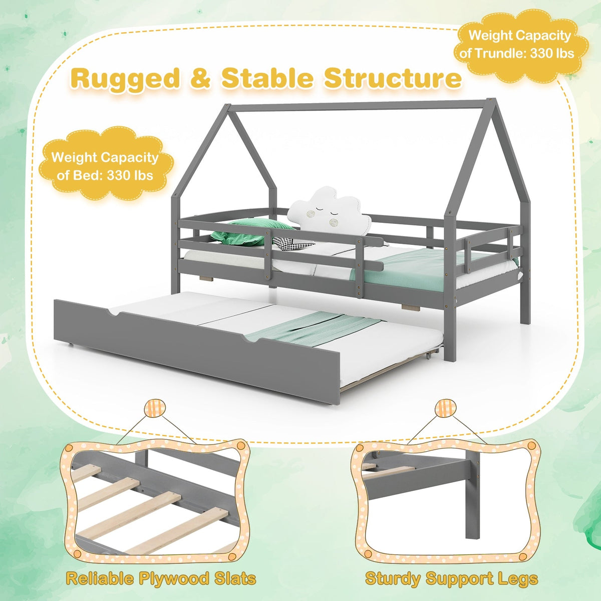 Twin House Bed with Trundle and Fence Rail-Trundle Bed Frame-DECOROLALA