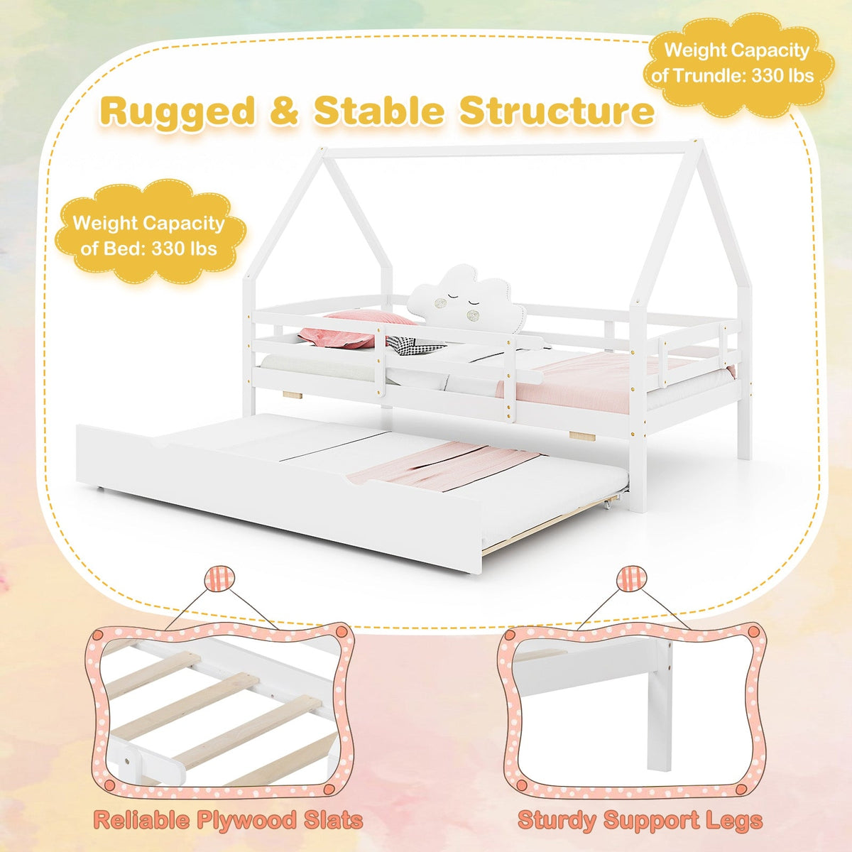 Twin House Bed with Trundle and Fence Rail-Trundle Bed Frame-DECOROLALA