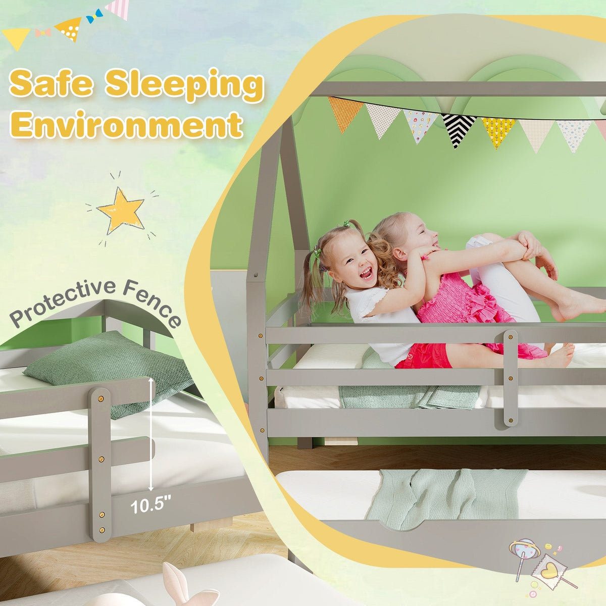 Twin House Bed with Trundle and Fence Rail-Trundle Bed Frame-DECOROLALA