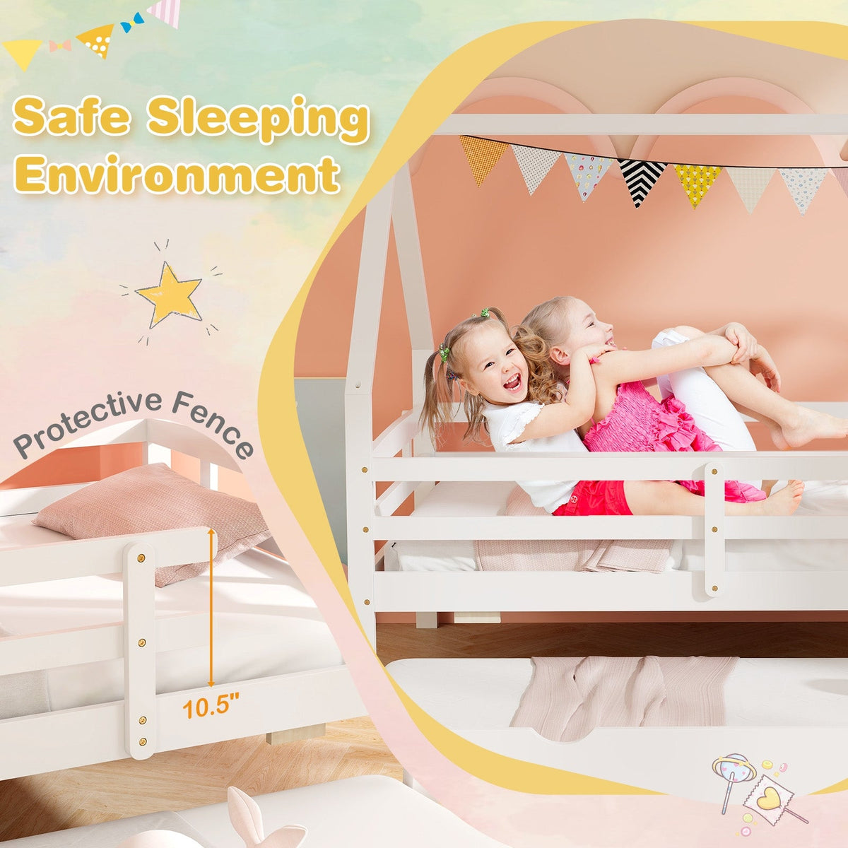 Twin House Bed with Trundle and Fence Rail-Trundle Bed Frame-DECOROLALA