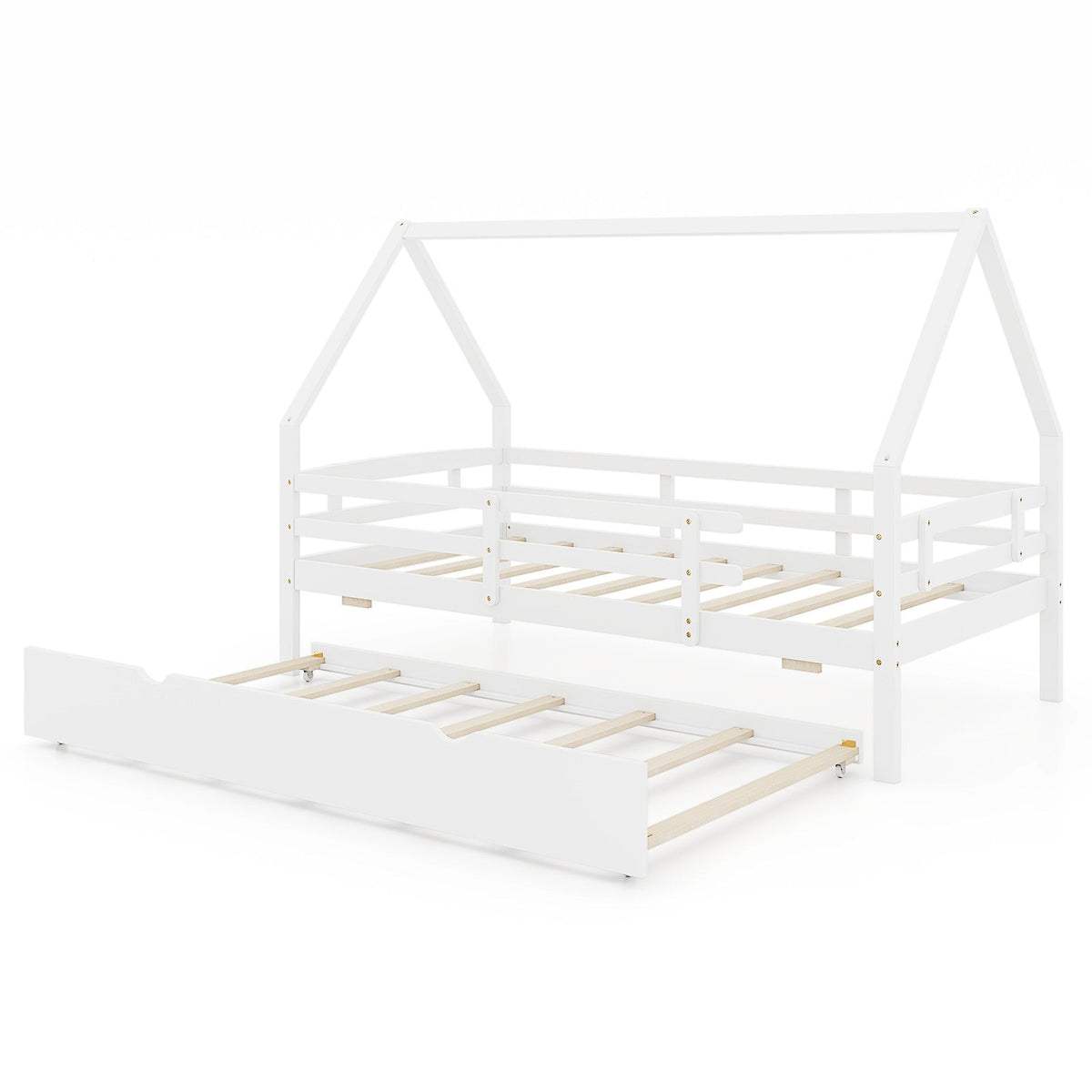 Twin House Bed with Trundle and Fence Rail-Trundle Bed Frame-DECOROLALA