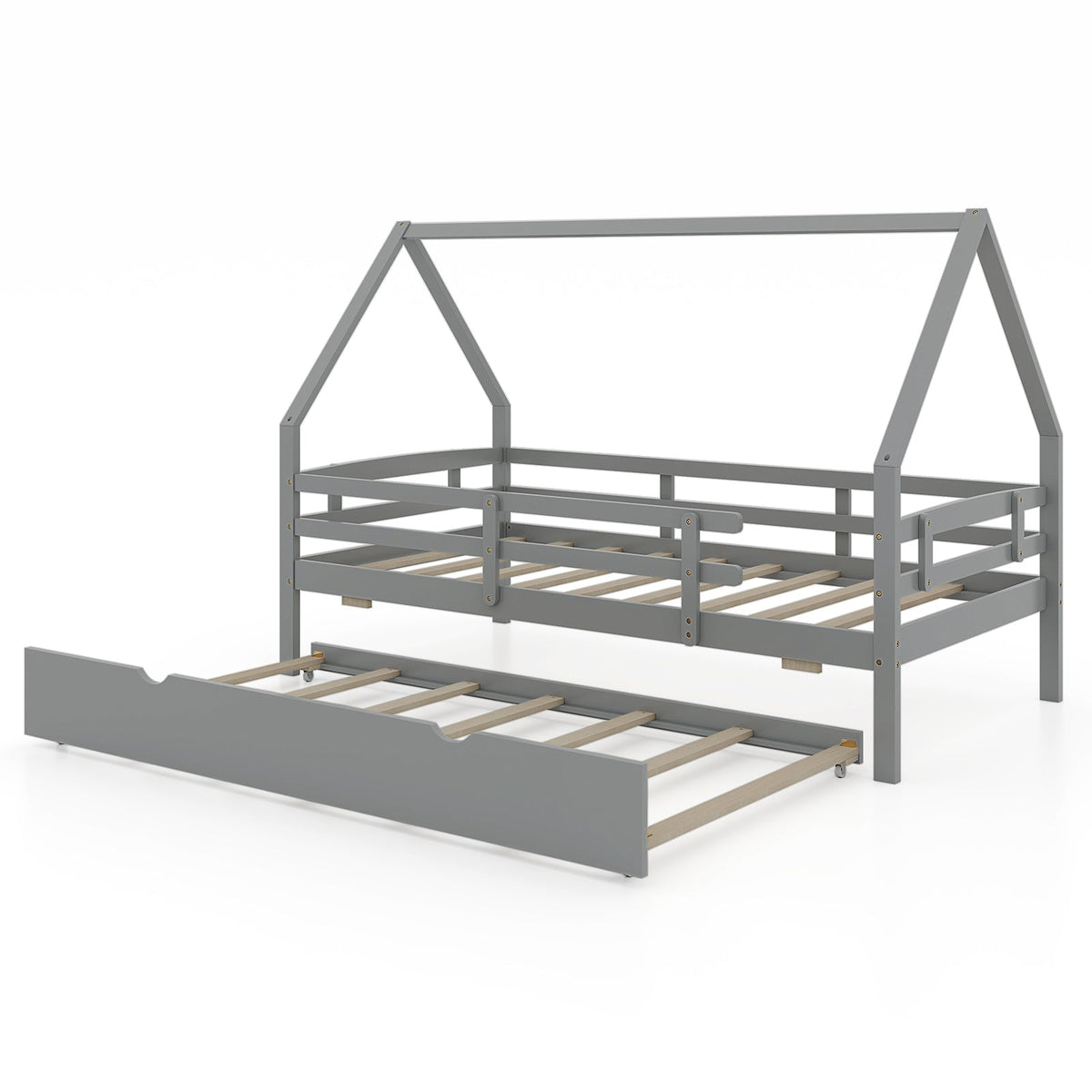 Twin House Bed with Trundle and Fence Rail - Wood Frame-Trundle Bed Frame-DECOROLALA