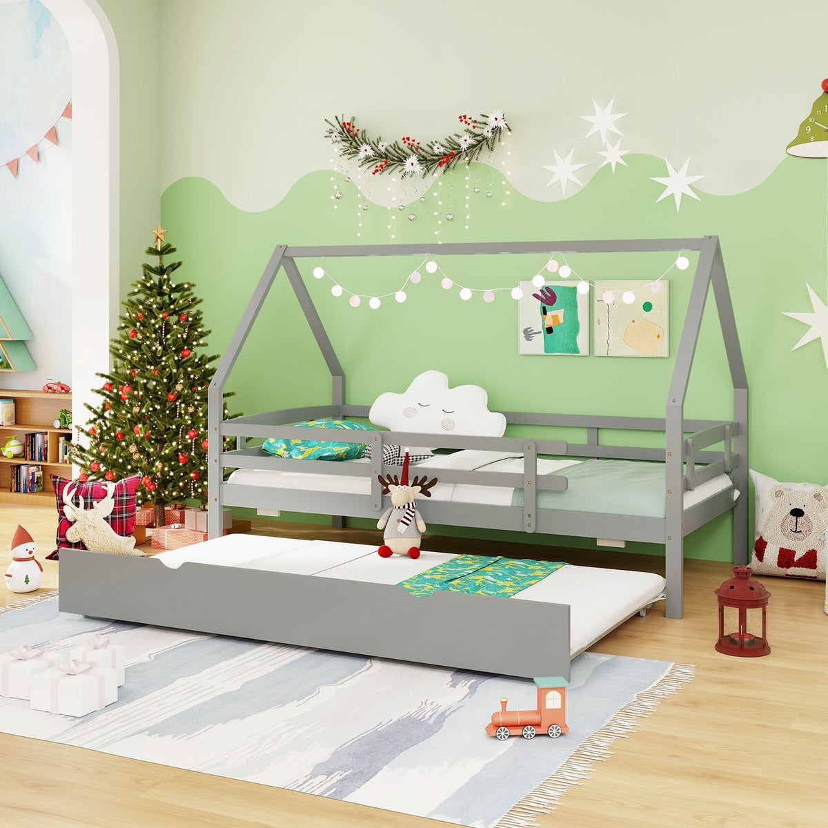 Twin House Bed with Trundle and Fence Rail-Trundle Bed Frame-DECOROLALA