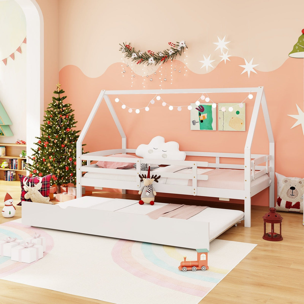 Twin House Bed with Trundle and Fence Rail-Trundle Bed Frame-DECOROLALA