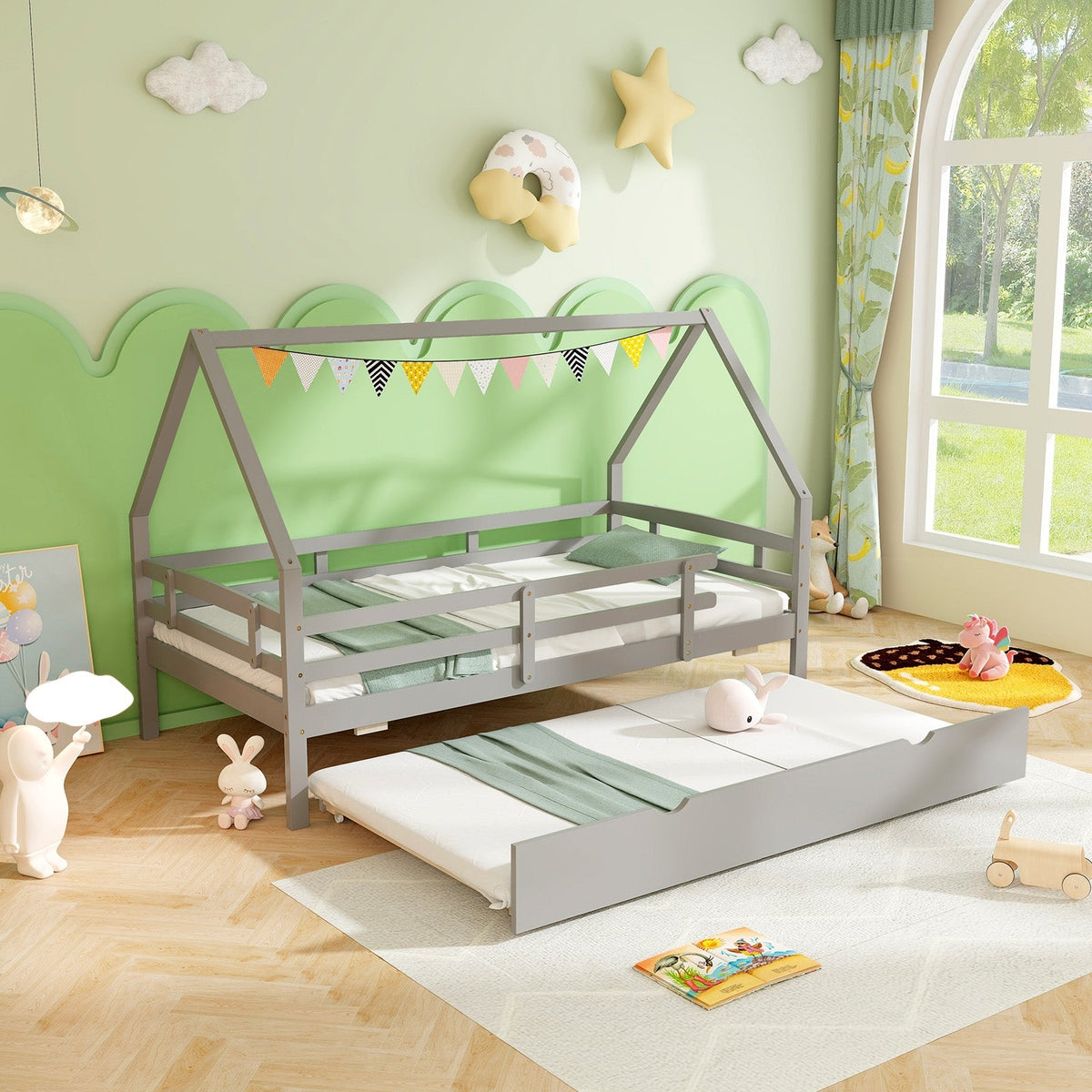 Twin House Bed with Trundle and Fence Rail-Trundle Bed Frame-DECOROLALA