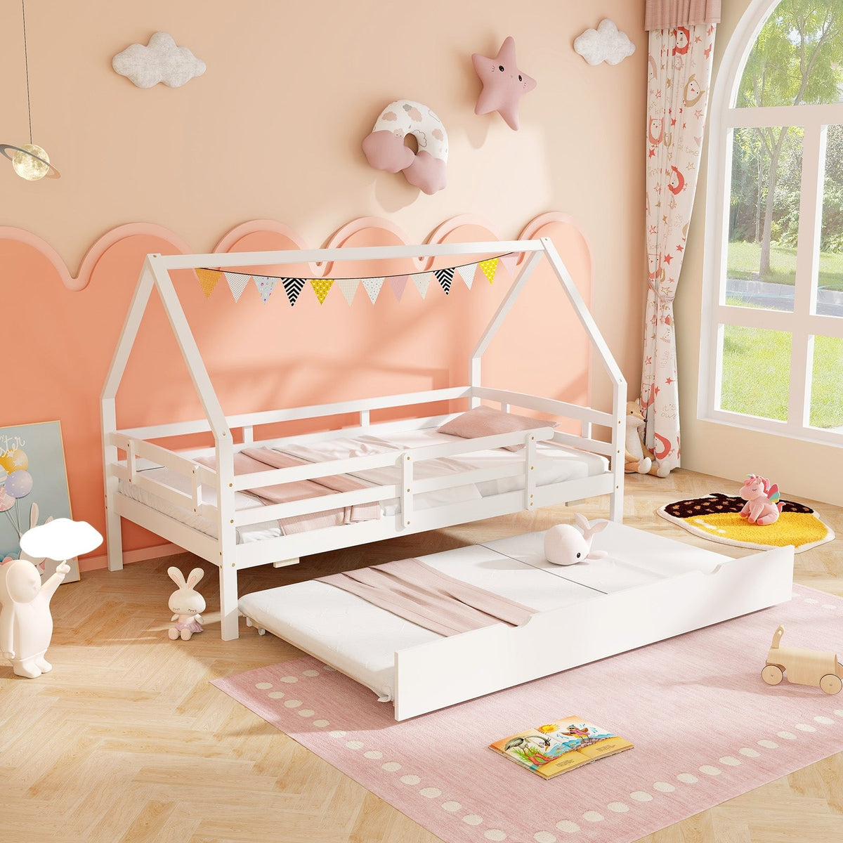 Twin House Bed with Trundle and Fence Rail-Trundle Bed Frame-DECOROLALA