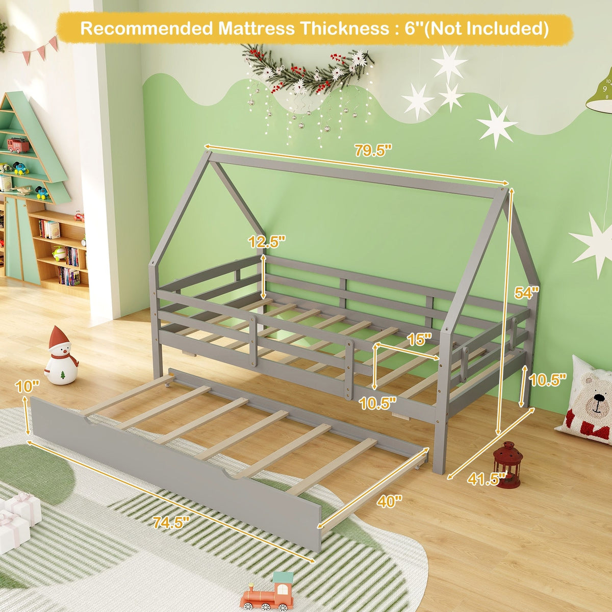 Twin House Bed with Trundle and Fence Rail-Trundle Bed Frame-DECOROLALA