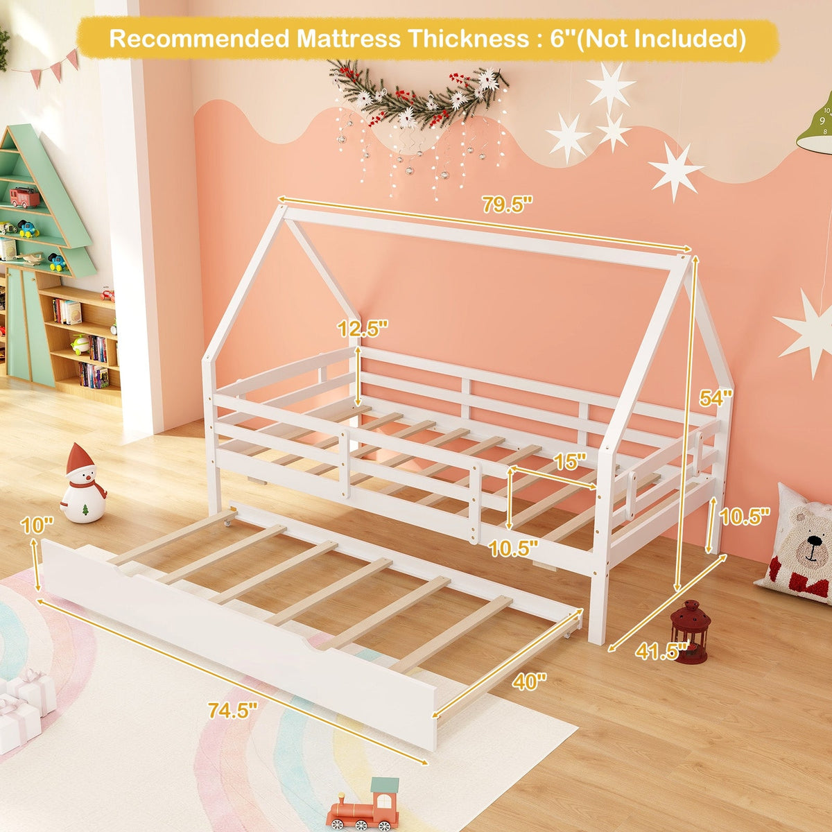 Twin House Bed with Trundle and Fence Rail-Trundle Bed Frame-DECOROLALA