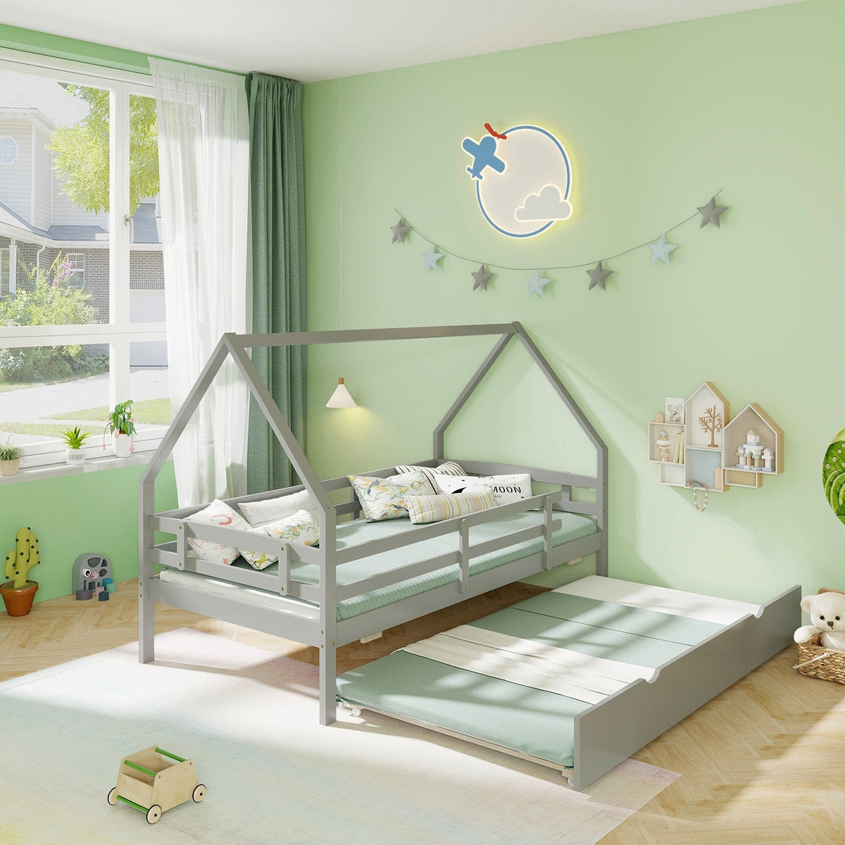 Twin House Bed with Trundle and Fence Rail-Trundle Bed Frame-DECOROLALA