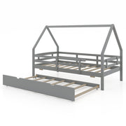 Twin House Bed with Trundle and Fence Rail-Trundle Bed Frame-DECOROLALA