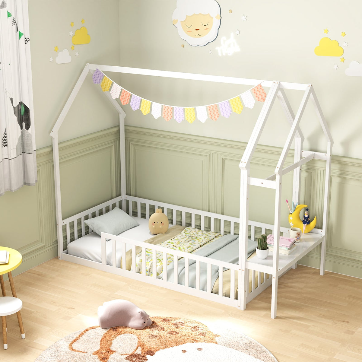 Twin House Floor Bed Montessori Bed Frame with Storage Shelf-White-Toddler Beds-DECOROLALA