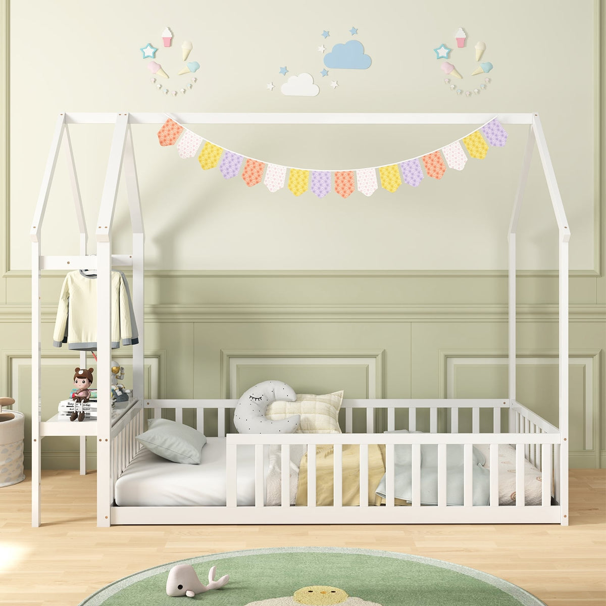 Twin House Floor Bed Montessori Bed Frame with Storage Shelf-White-Toddler Beds-DECOROLALA