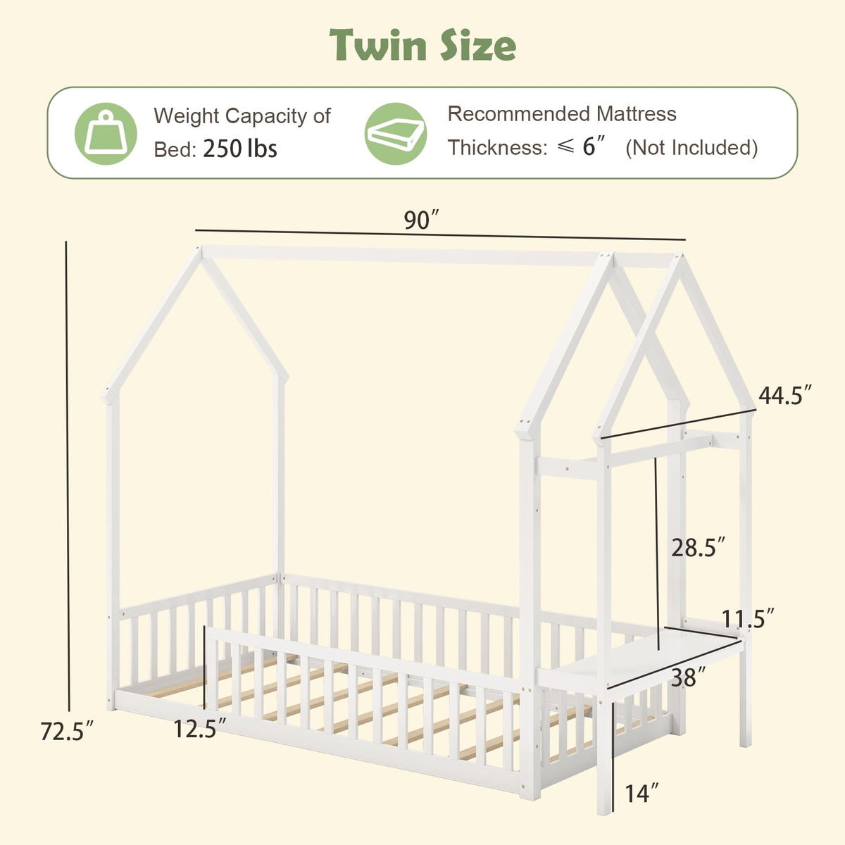Twin House Floor Bed Montessori Bed Frame with Storage Shelf-White-Toddler Beds-DECOROLALA