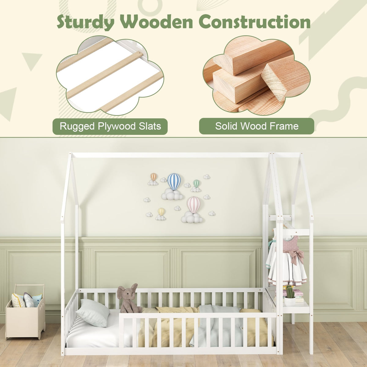 Twin House Floor Bed Montessori Bed Frame with Storage Shelf-White-Toddler Beds-DECOROLALA