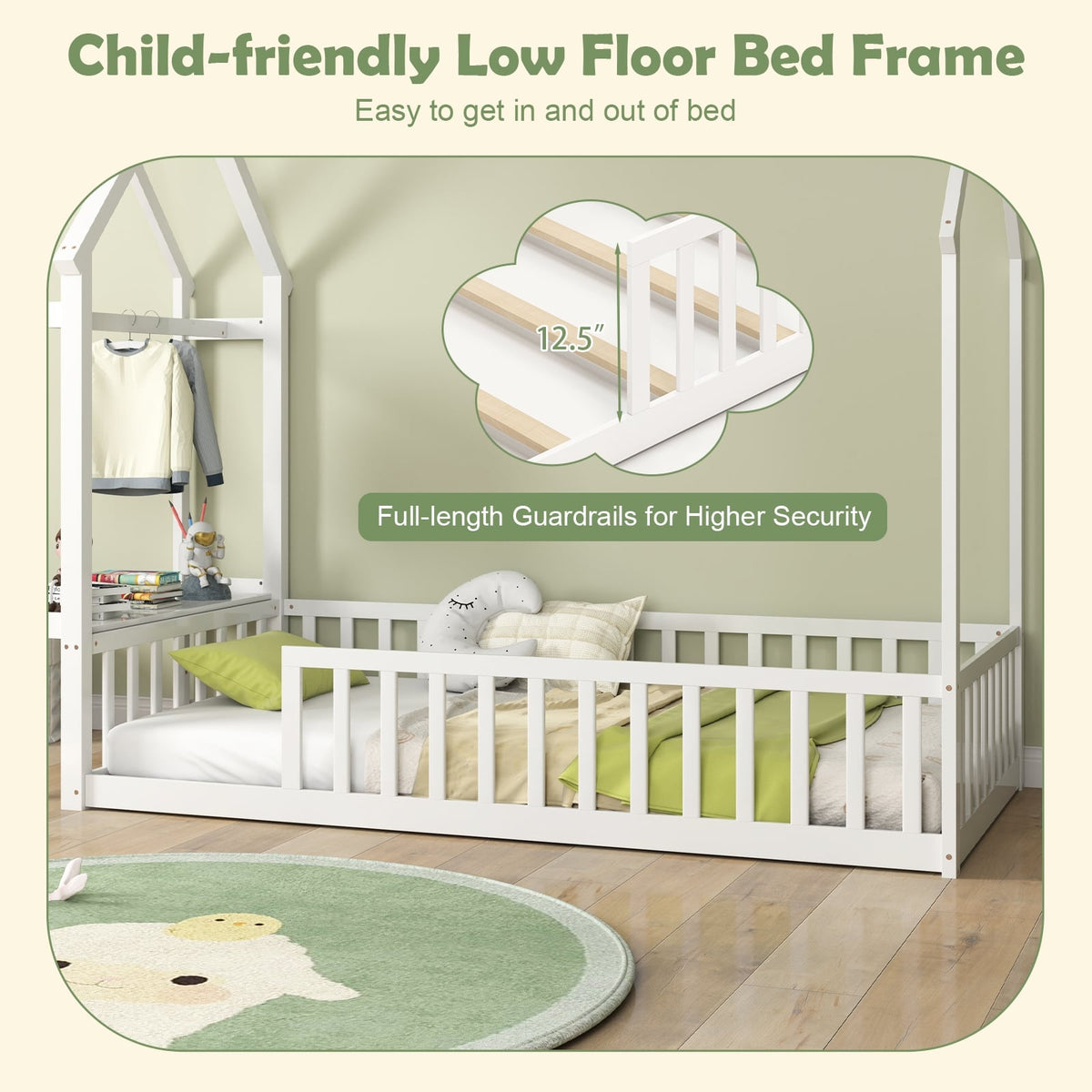 Twin House Floor Bed Montessori Bed Frame with Storage Shelf-White-Toddler Beds-DECOROLALA