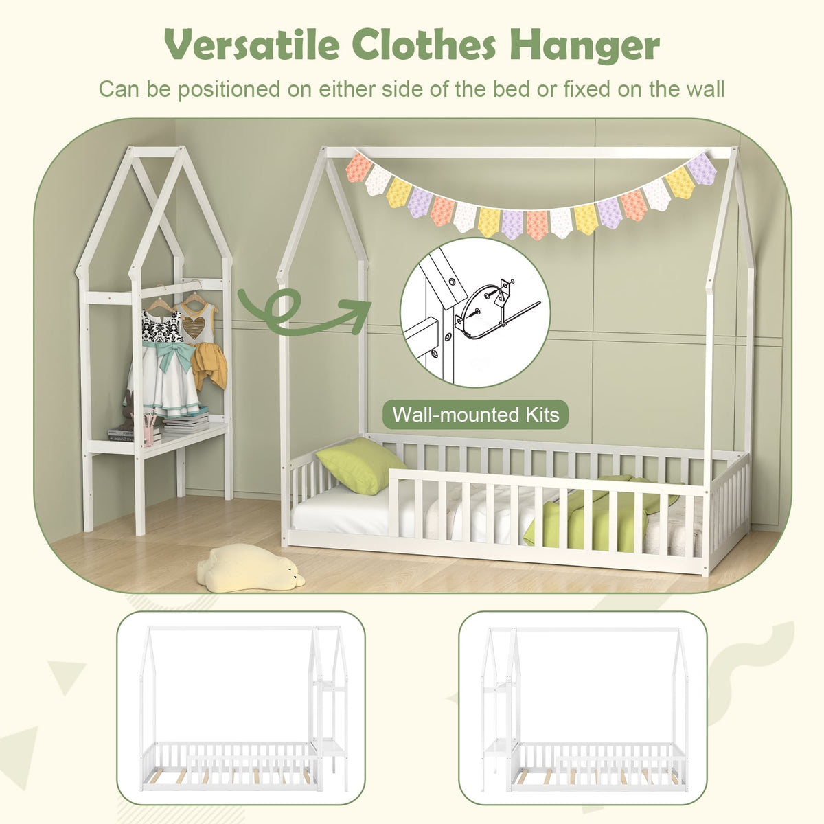 Twin House Floor Bed Montessori Bed Frame with Storage Shelf-White-Toddler Beds-DECOROLALA