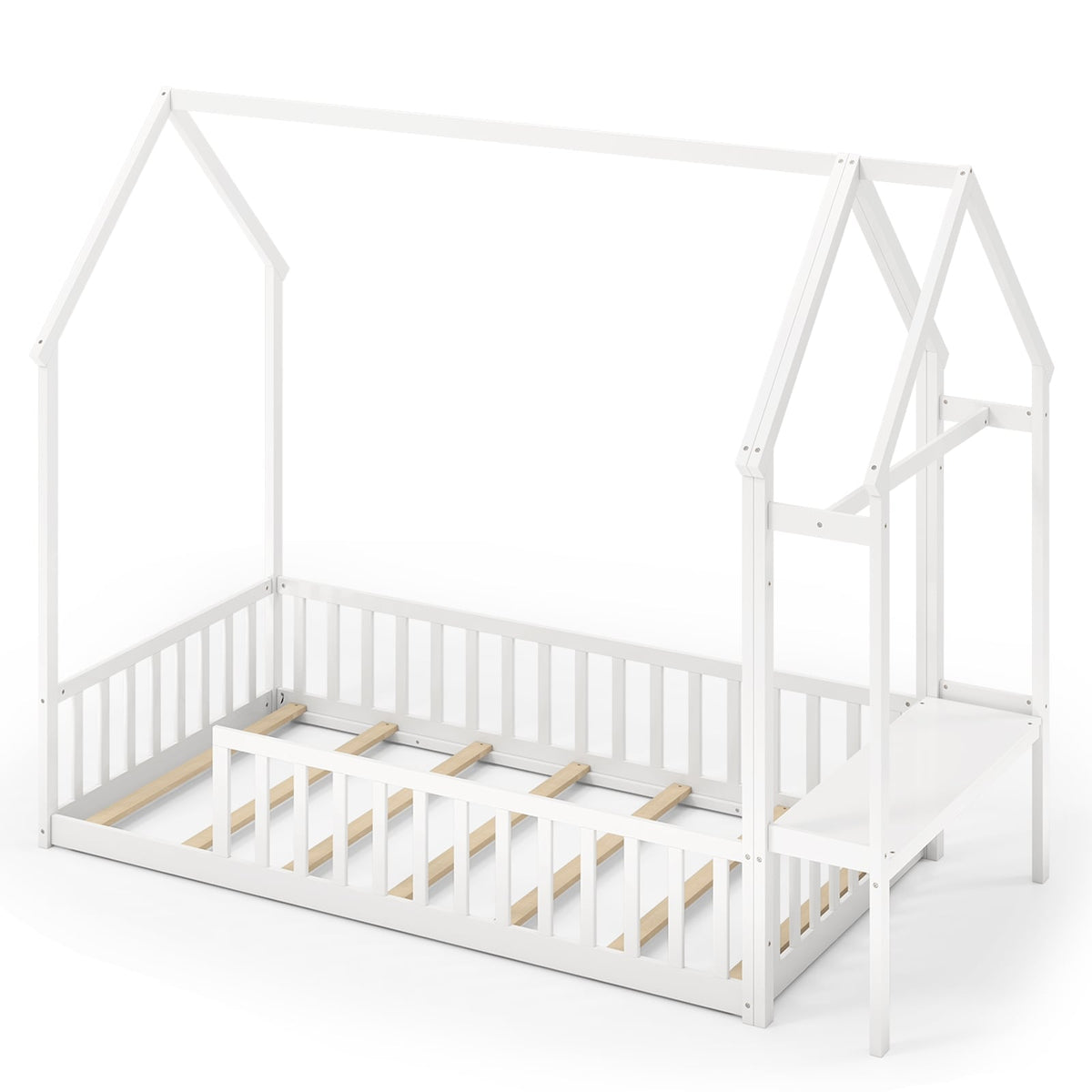 Twin House Floor Bed Montessori Bed Frame with Storage Shelf-White-Toddler Beds-DECOROLALA