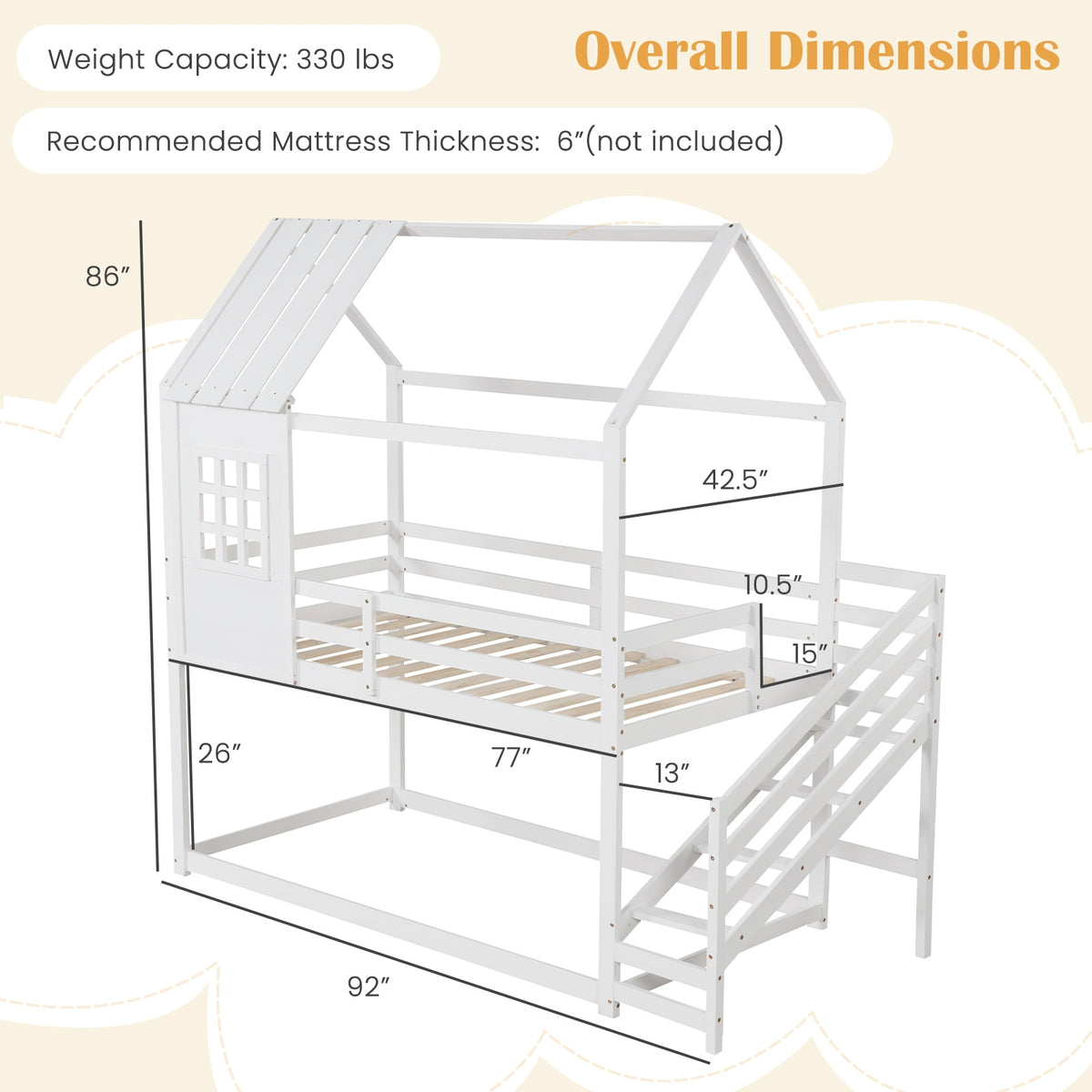 Twin House Loft Bed with Stairs - White Solid Wood-Bunk Bed Frame-DECOROLALA