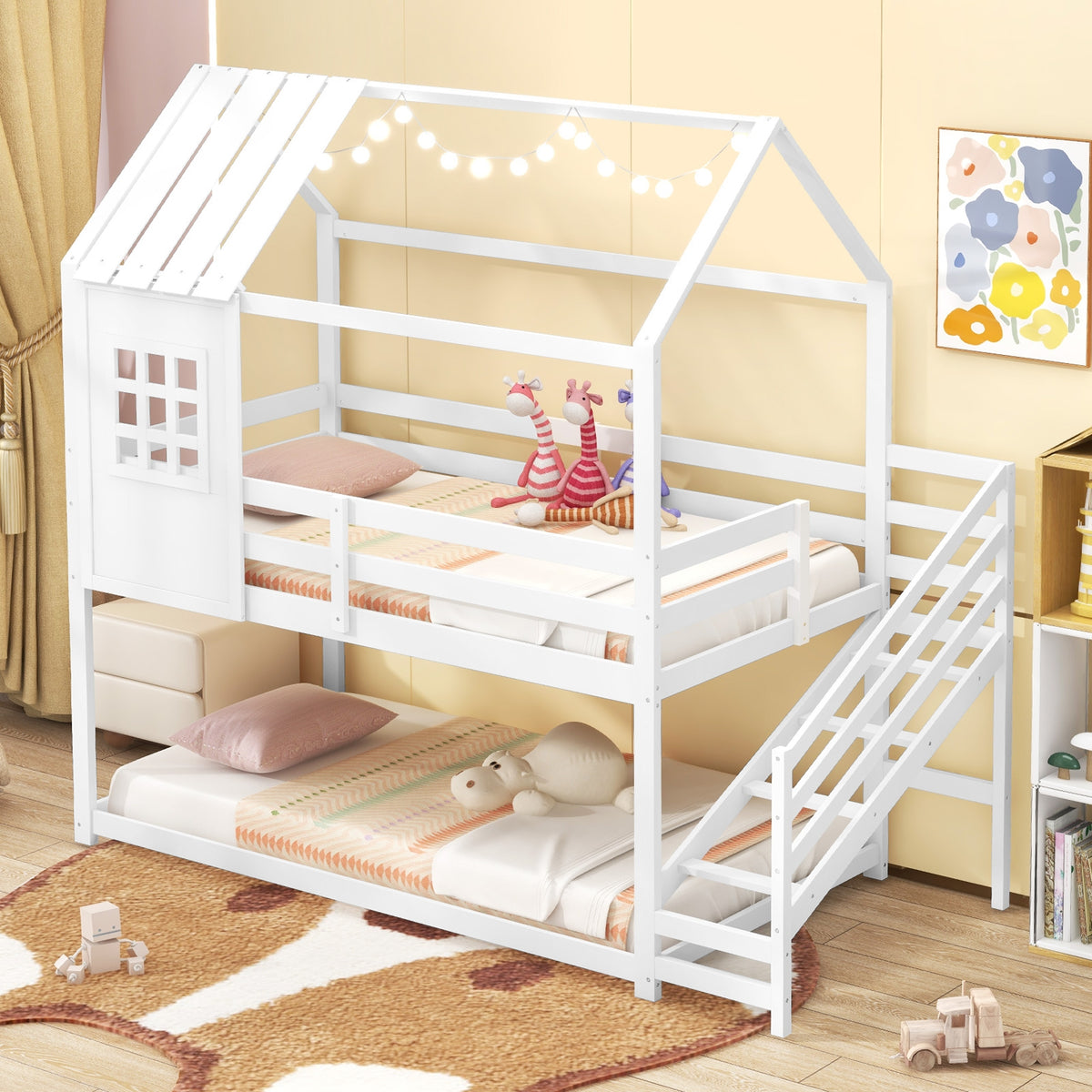 Twin House Loft Bed with Stairs - White Solid Wood-Bunk Bed Frame-DECOROLALA