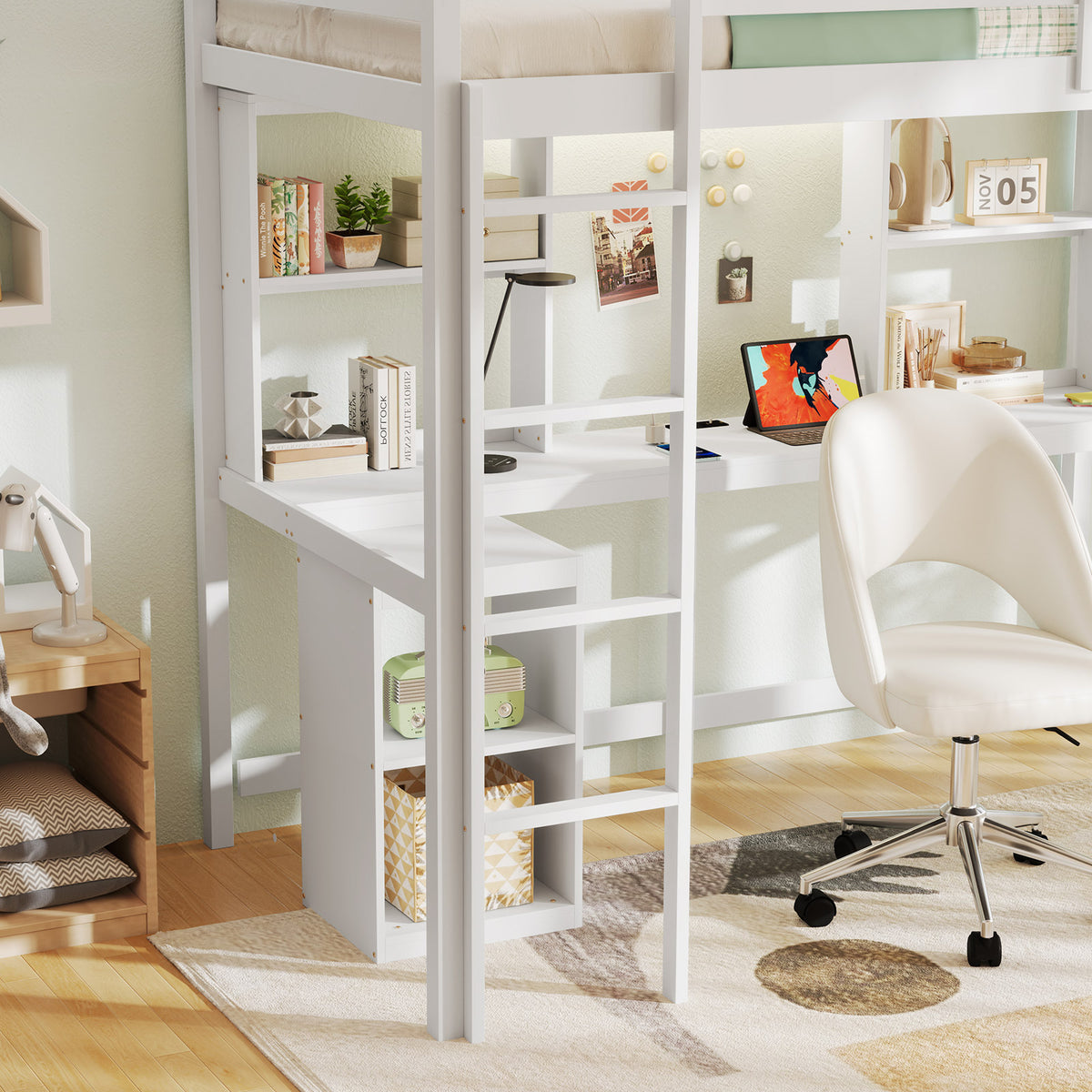 Twin Loft Bed with Desk, LED Light, and Storage - White-Bunk Bed Frame-DECOROLALA