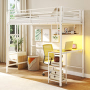 Twin Loft Bed with Desk LED Lights Charging Station Heavy-duty Metal Bed Frame with Guardrail-Bunk Bed Frame-DECOROLALA