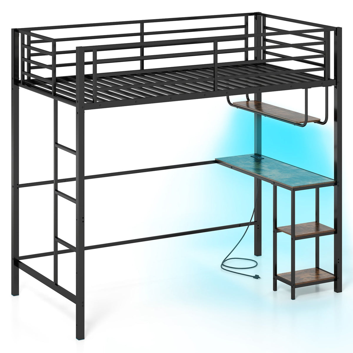 Twin Loft Bed with Desk, LED Lights & Charging Station - Metal Frame-Bunk Bed Frame-DECOROLALA