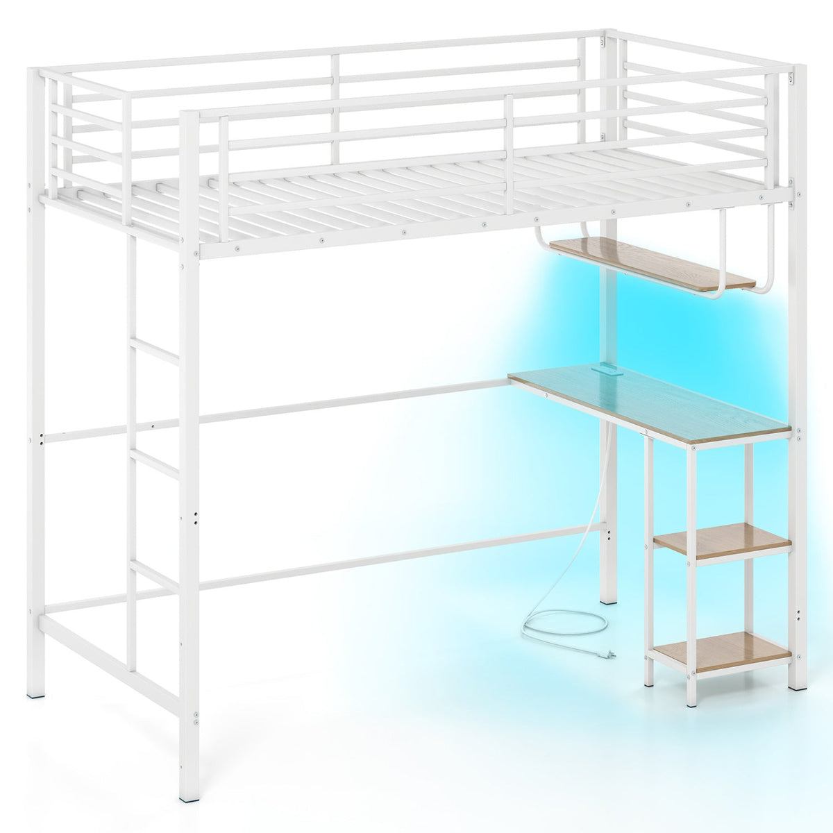 Twin Loft Bed with Desk, LED Lights & Charging Station - Metal Frame-Bunk Bed Frame-DECOROLALA