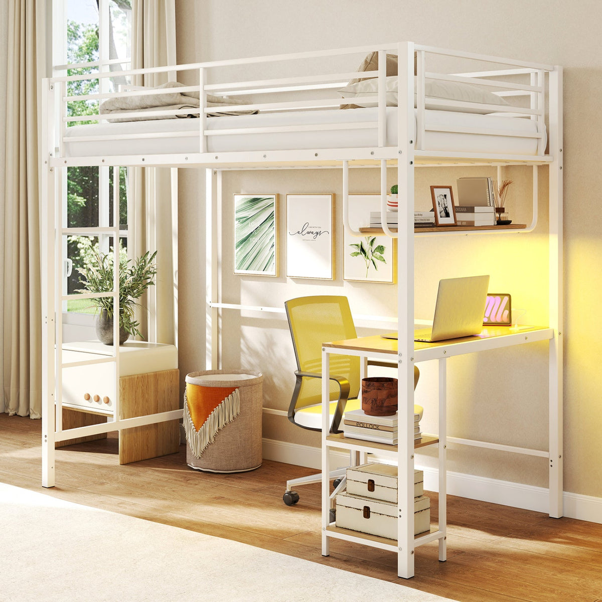 Twin Loft Bed with Desk, LED Lights & Charging Station - Metal Frame-Bunk Bed Frame-DECOROLALA