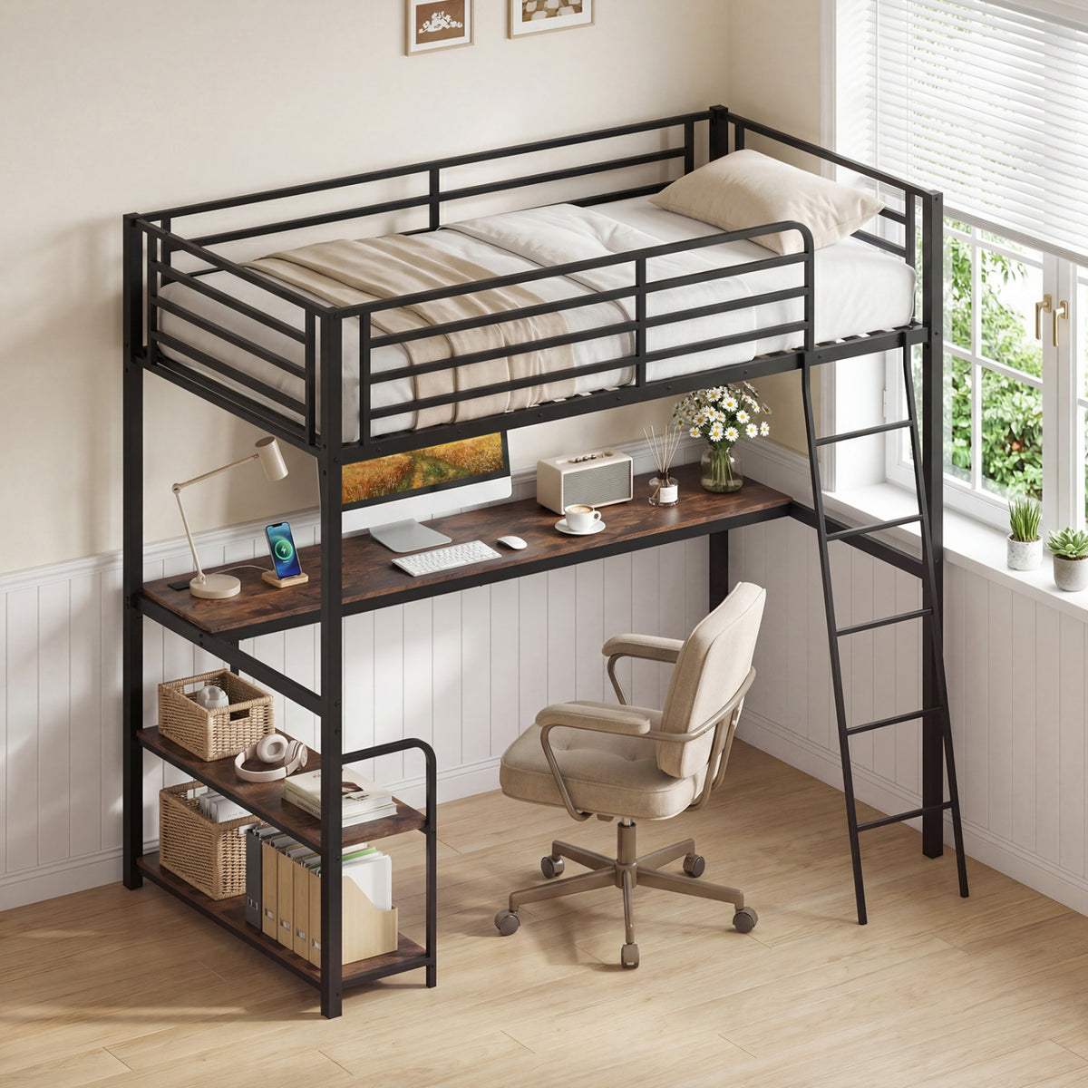 Twin Loft Bed with Desk and Shelves - Metal Rustic Brown & Black-Bunk Bed Frame-DECOROLALA