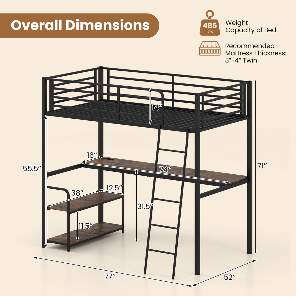 Twin Loft Bed with Desk and Shelves for Kids and Adults-Rustic Brown-Bunk Bed Frame-DECOROLALA