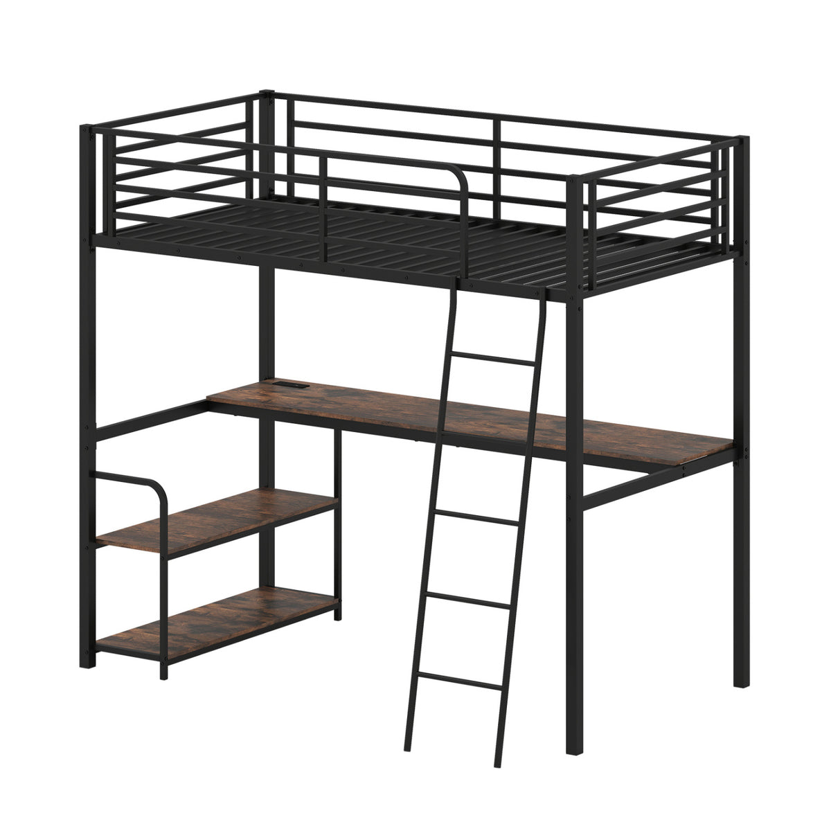 Twin Loft Bed with Desk and Shelves for Kids and Adults-Rustic Brown-Bunk Bed Frame-DECOROLALA