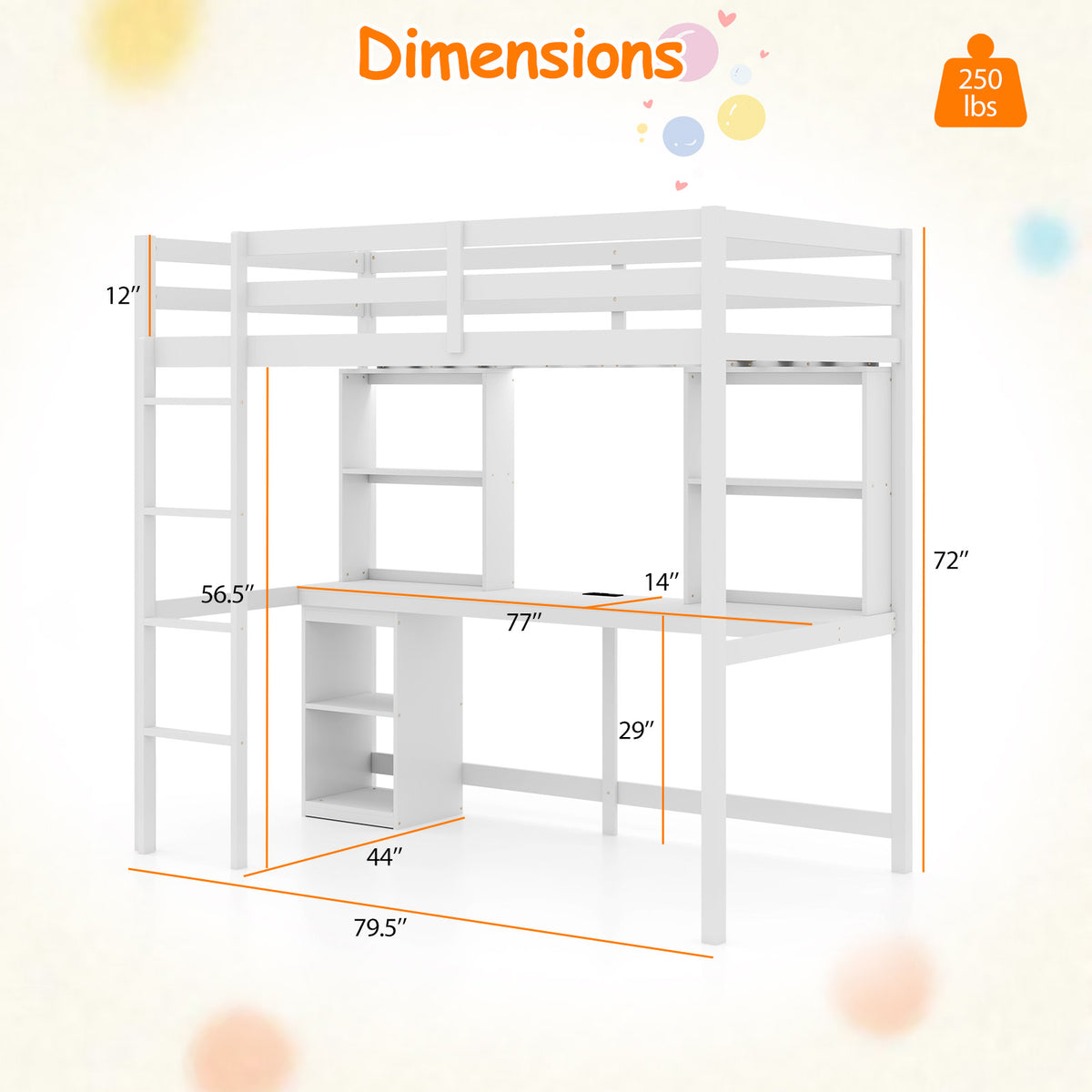 Twin Loft Bed with LED Light and Desk No Box Spring Needed-White-Bunk Bed Frame-DECOROLALA