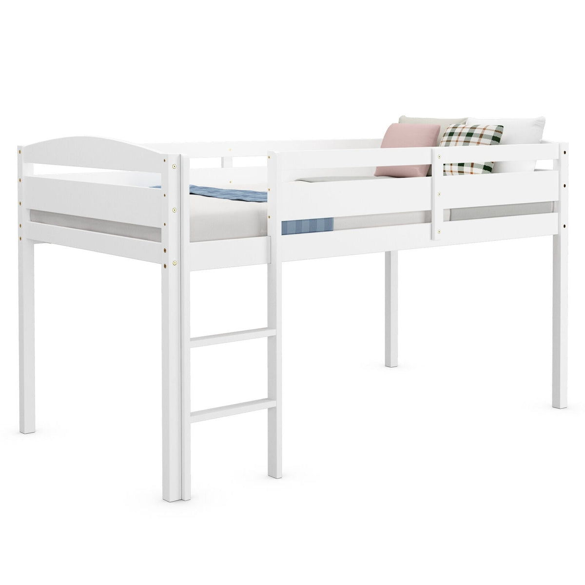 Twin Low Loft Bed - Solid Wood with Guard Rail and Ladder, White-Bunk Bed Frame-DECOROLALA