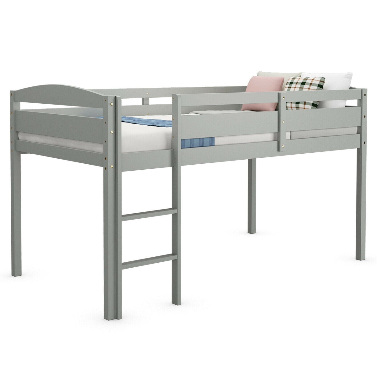 Twin Low Loft Bed - Solid Wood with Guard Rail and Ladder, White-Bunk Bed Frame-DECOROLALA