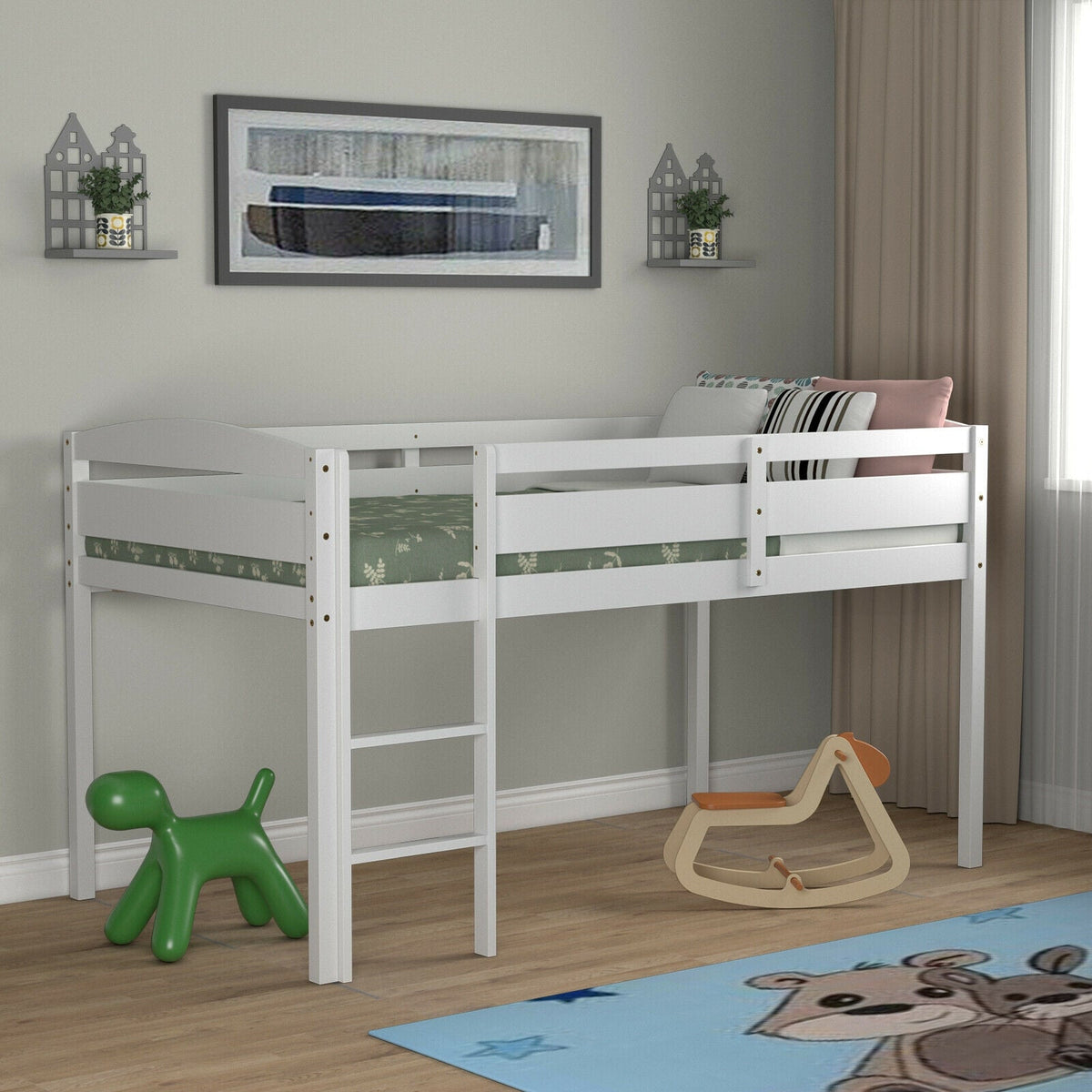 Twin Low Loft Bed - Solid Wood with Guard Rail and Ladder, White-Bunk Bed Frame-DECOROLALA