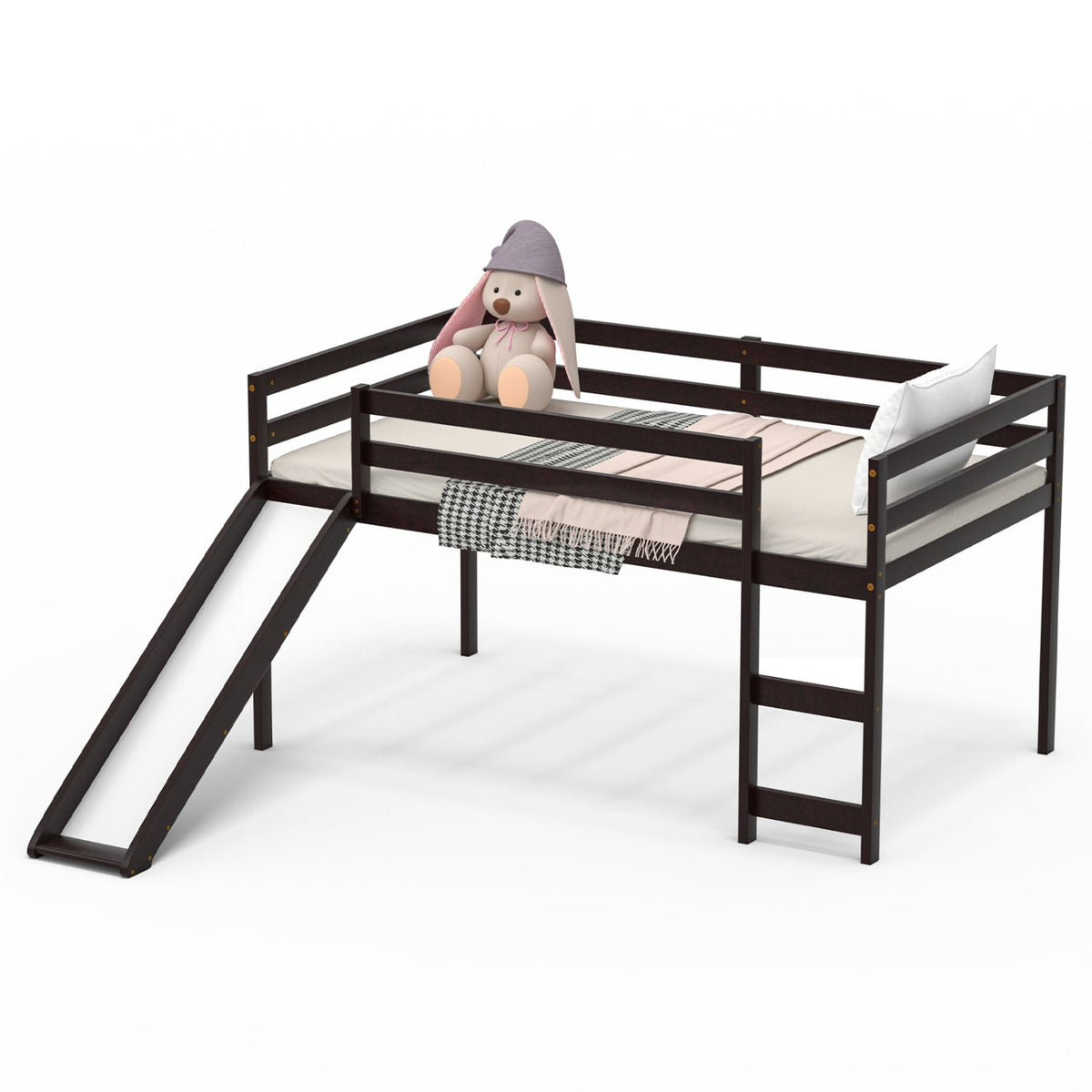 Twin Low Loft Bed with Slide - Dark Brown Wood Twin Size-Bunk Bed Frame-DECOROLALA