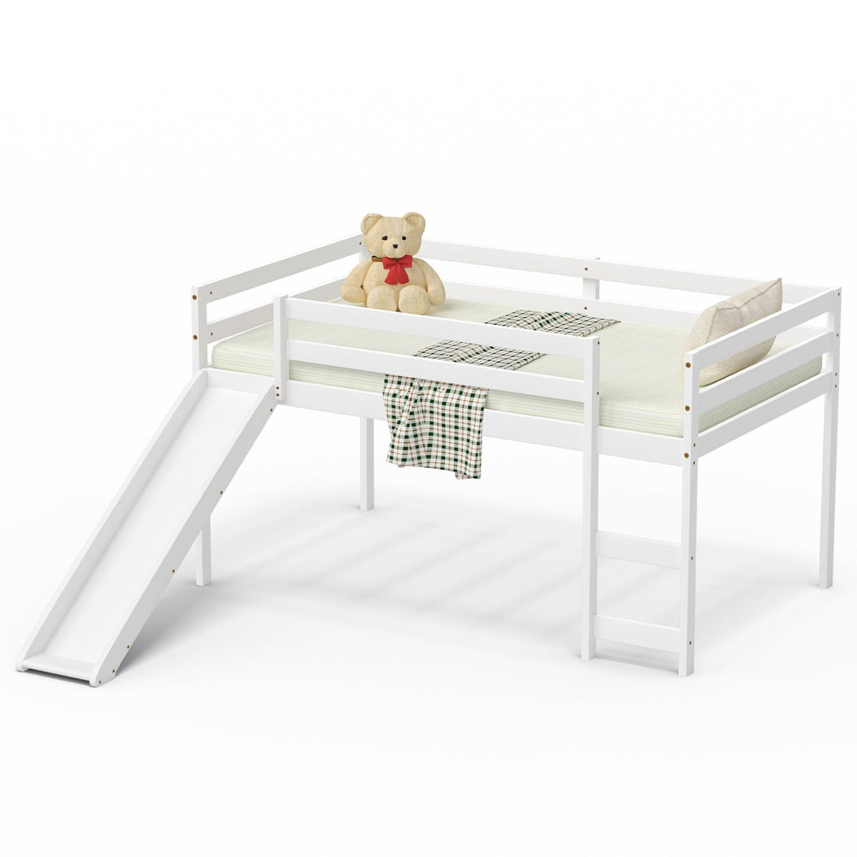 Twin Low Loft Bed with Slide - Dark Brown Wood Twin Size-Bunk Bed Frame-DECOROLALA