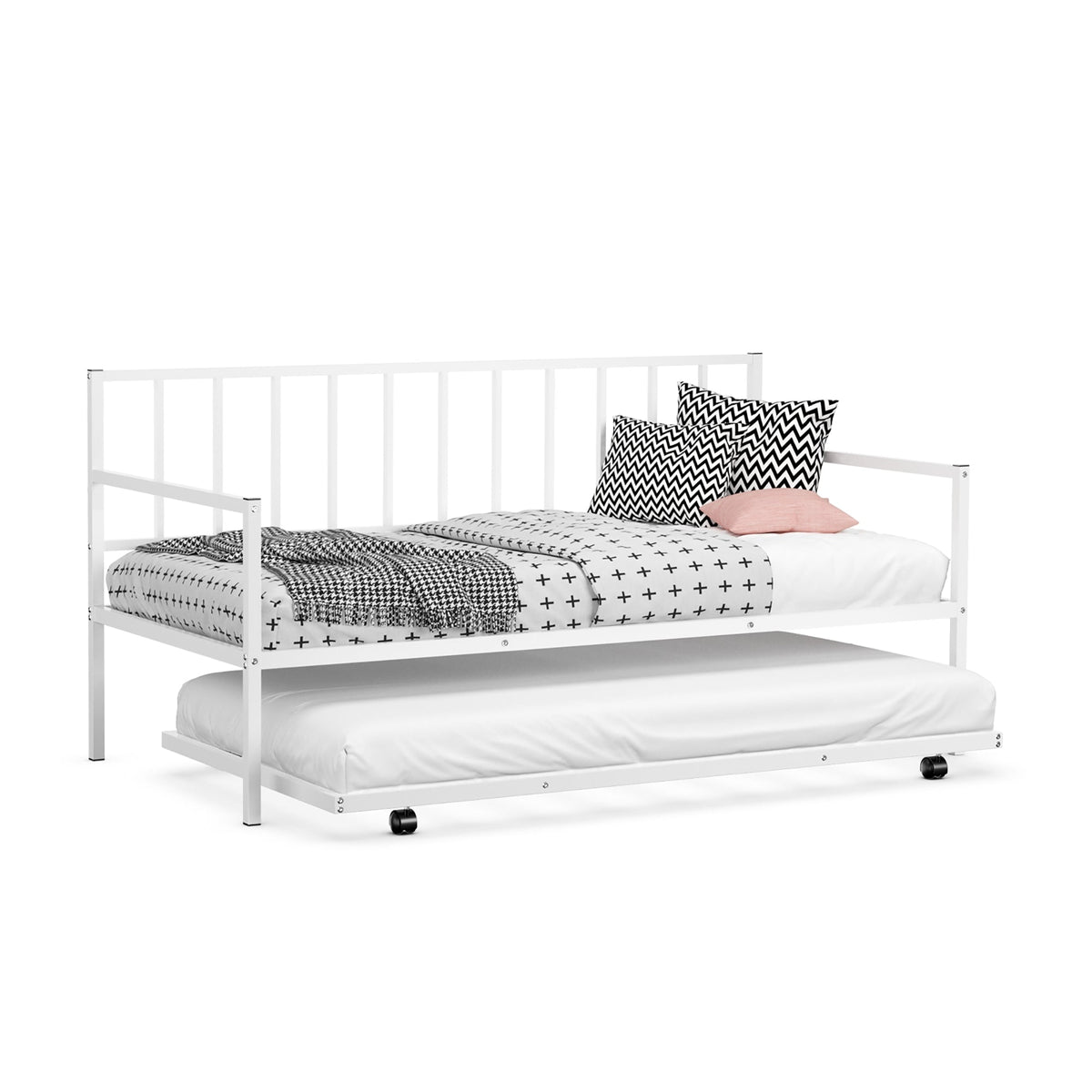 Twin Metal Daybed Sofa Bed Set with Roll Out Trundle-Trundle Bed Frame-DECOROLALA