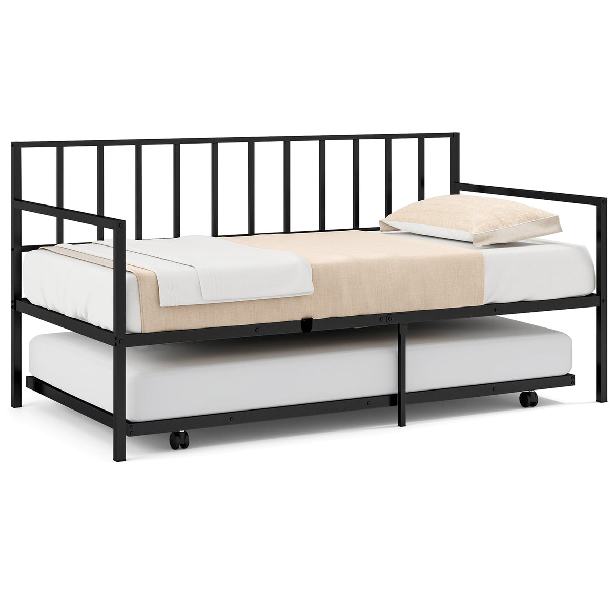 Twin Metal Daybed Sofa Bed Set with Roll Out Trundle-Trundle Bed Frame-DECOROLALA