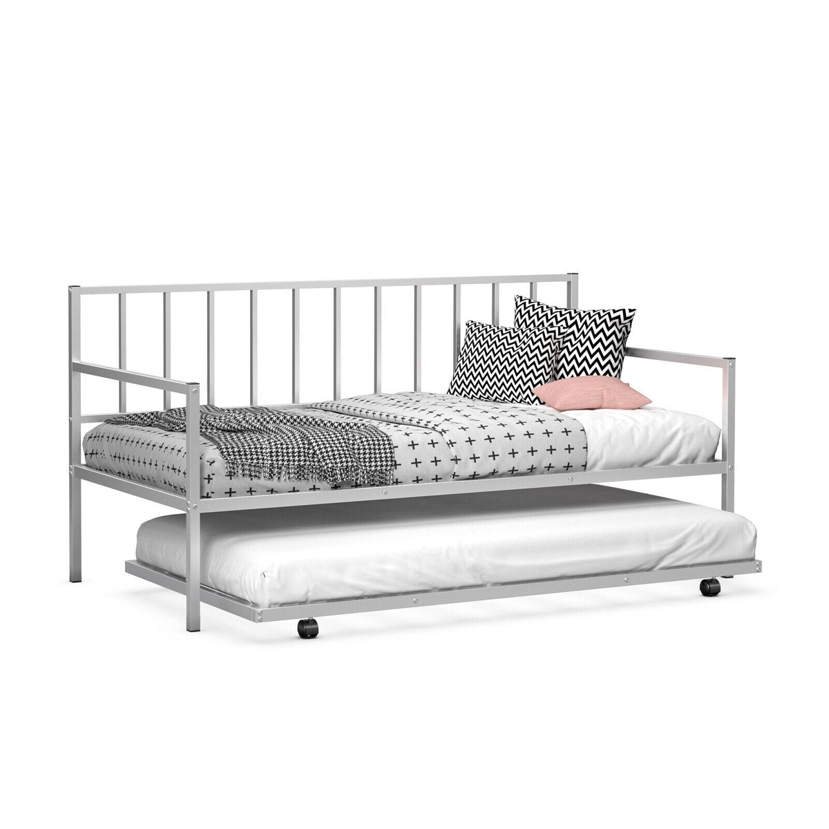Twin Metal Daybed Sofa Bed Set with Roll Out Trundle-Trundle Bed Frame-DECOROLALA